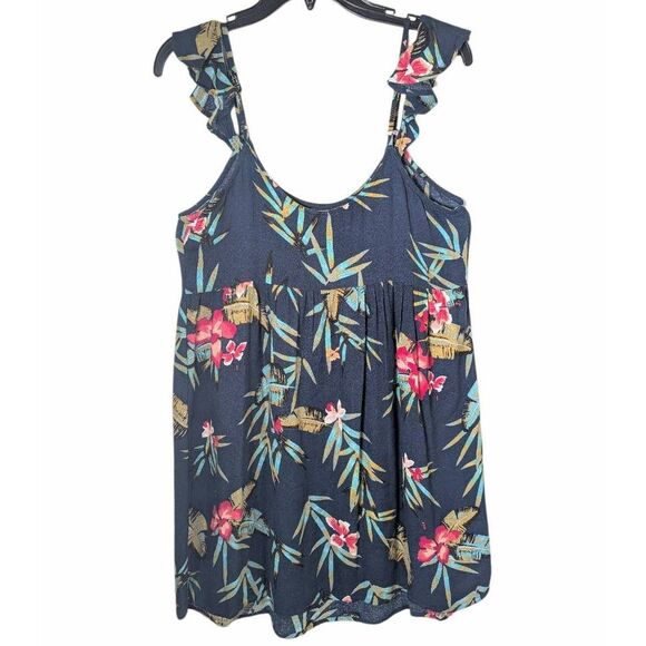 Roxy Navy Bird of Paradise Tropical floral cold shoulder ruffle mini dress M - Picture 3 of 6